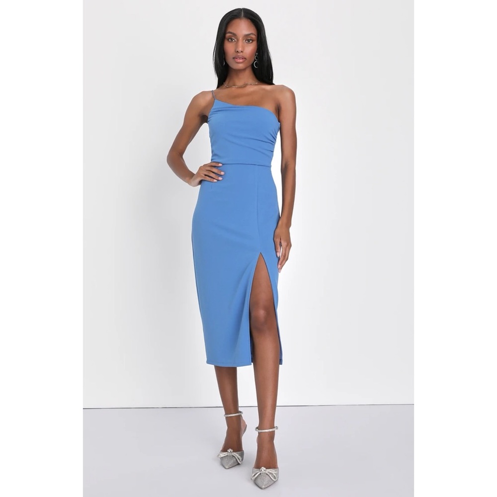 Lulu’s Elegant Allure Slate Blue One-Shoulder Sleeveless Midi Dress